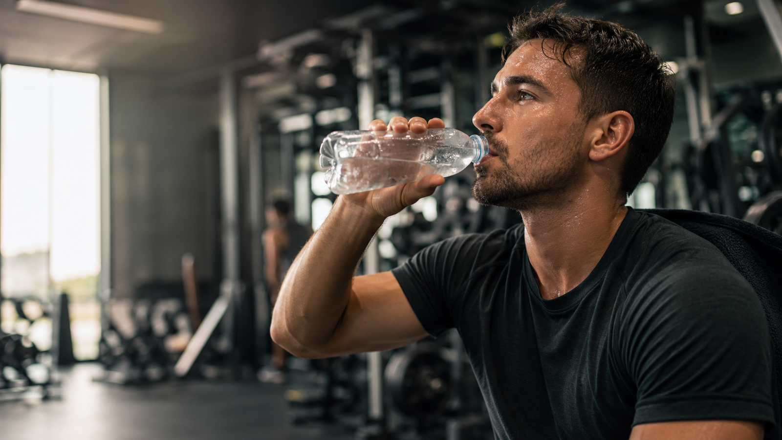 Hidratação no exercício físico: pessoa bebendo água durante o treino