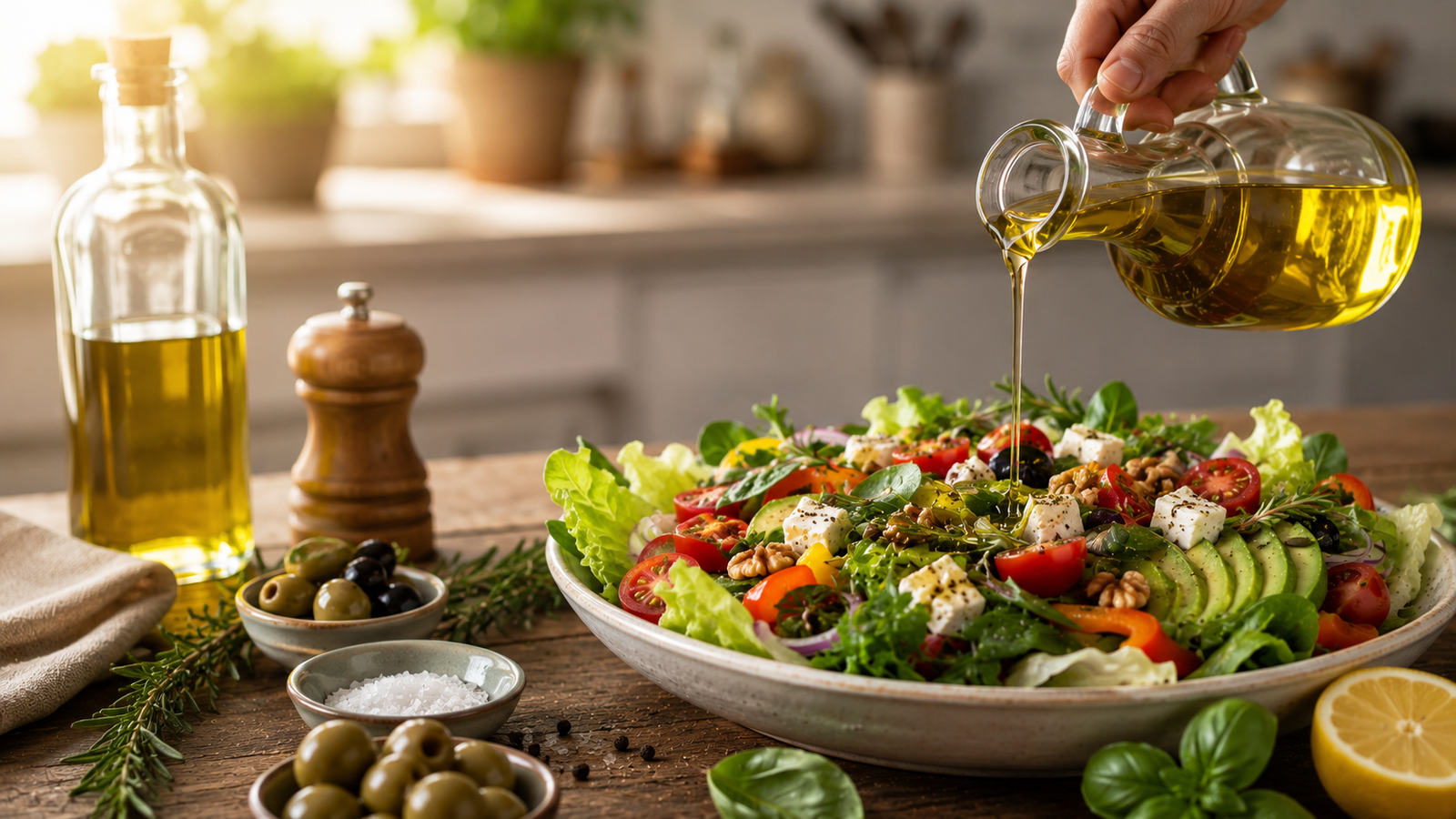 Salada temperada com azeite de oliva extravirgem