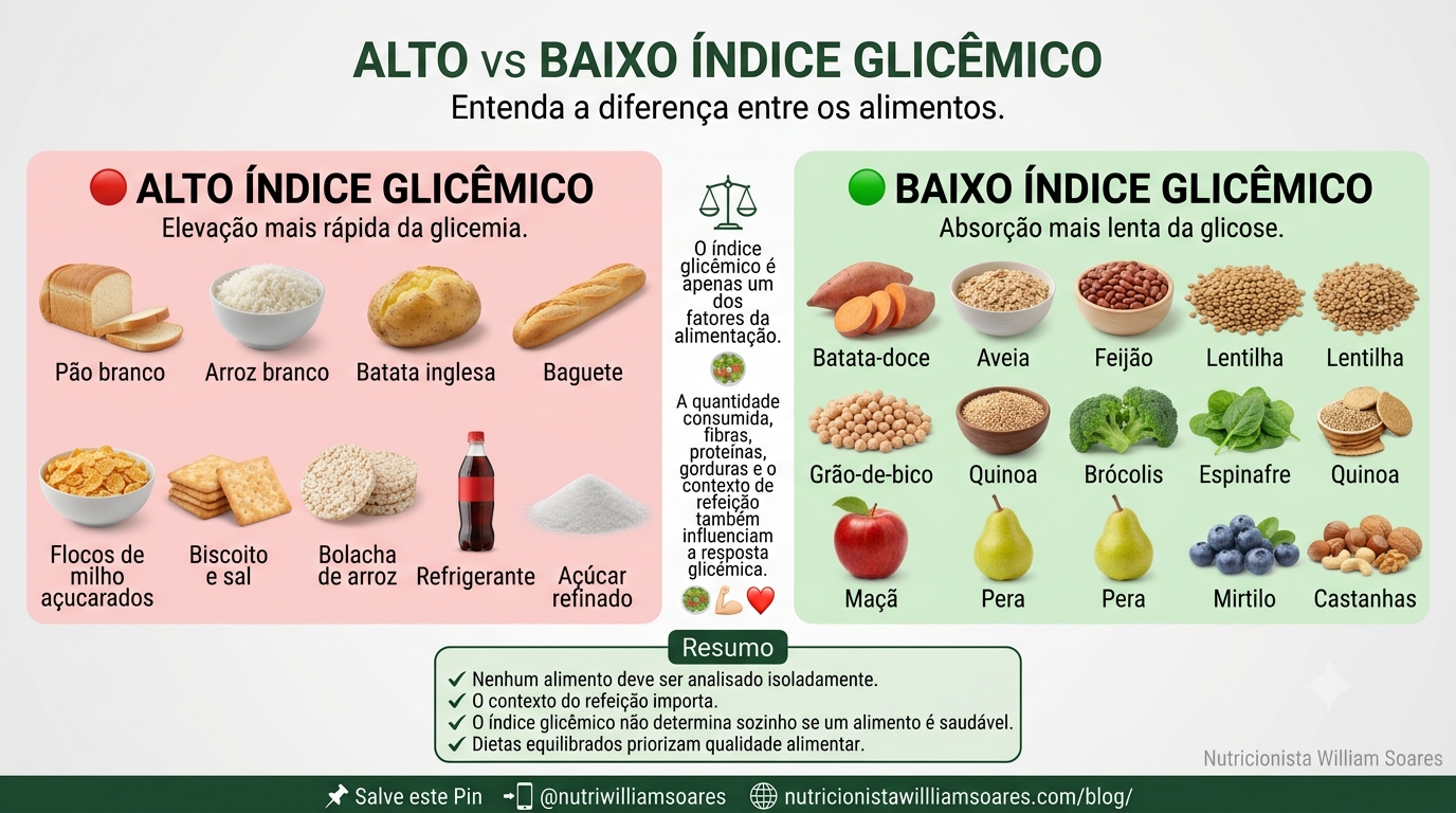 Comparação de alimentos com índice glicêmico alto e baixo