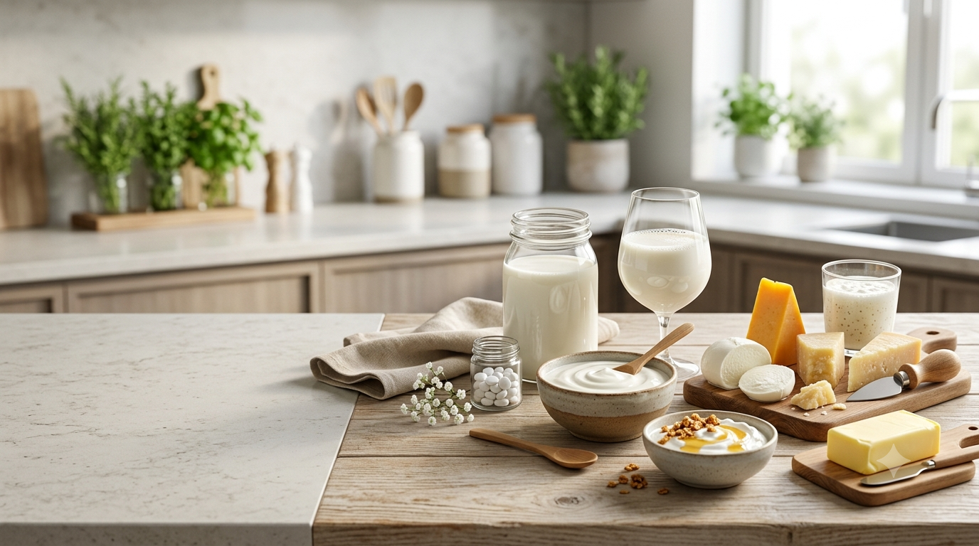 Intolerância à lactose: leite e derivados sobre uma mesa