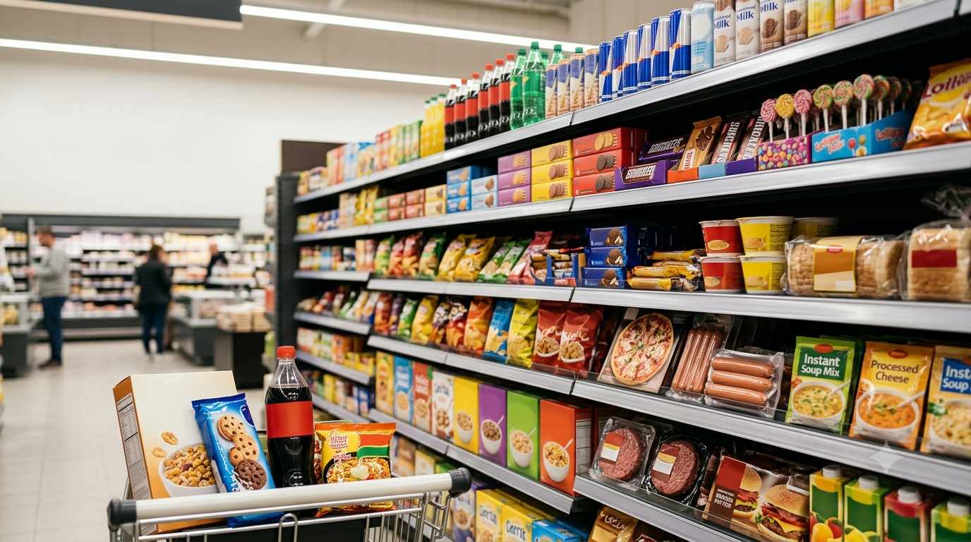 Alimentos ultraprocessados: prateleira de supermercado com produtos industrializados
