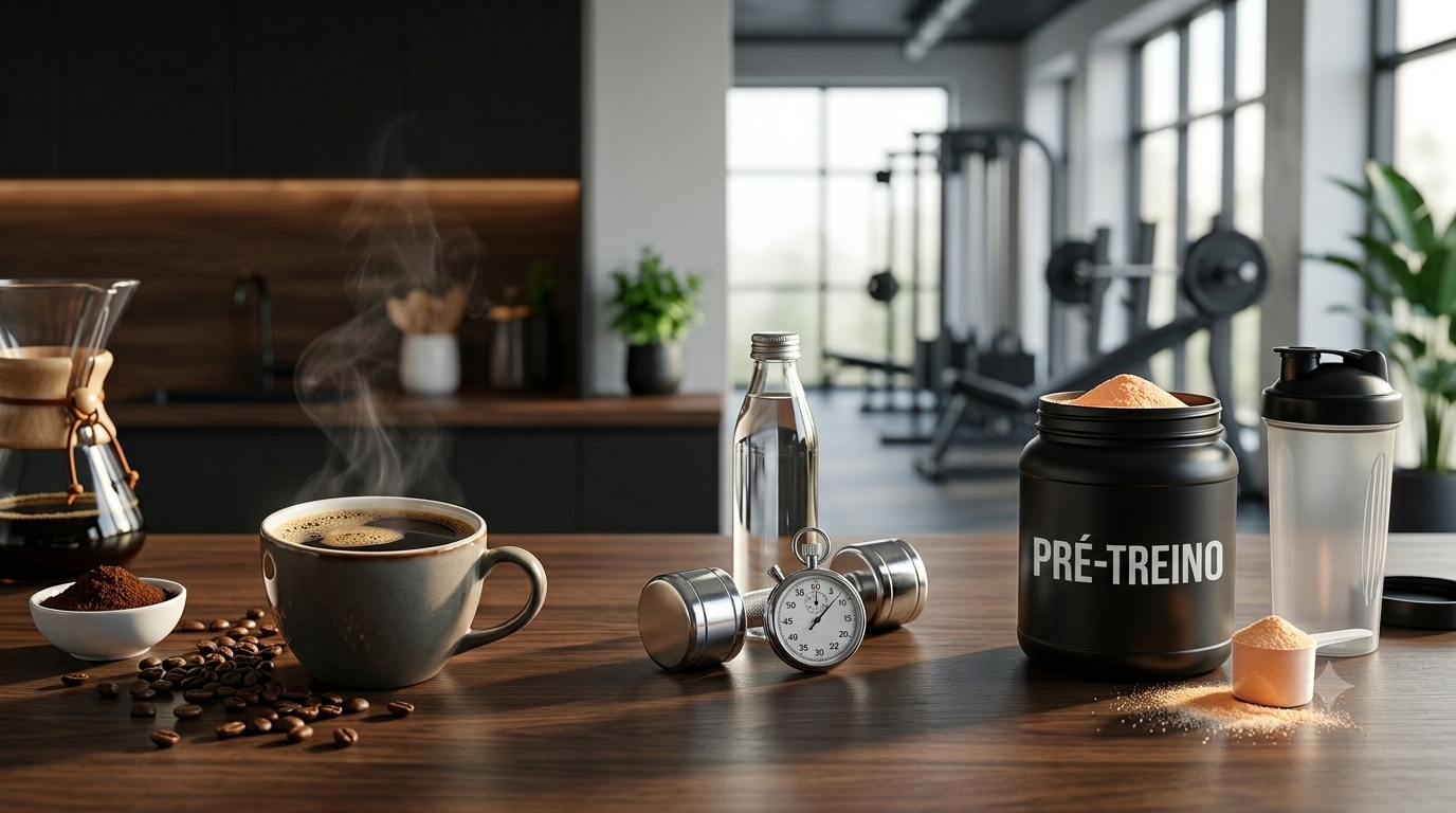 Café ou pré-treino: xícara de café ao lado de suplemento em pó