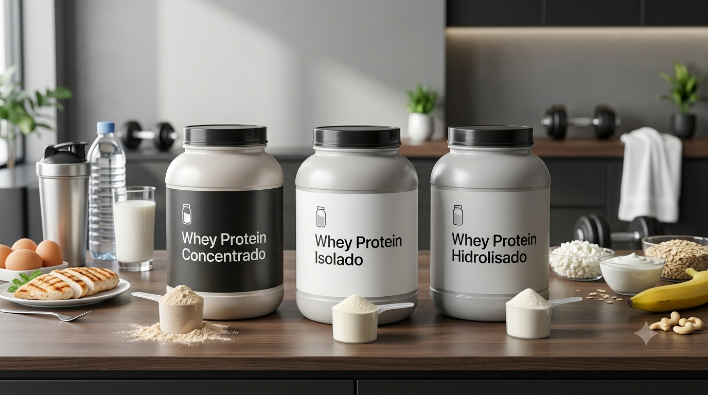 Tipos de whey protein: concentrado, isolado e hidrolisado em potes